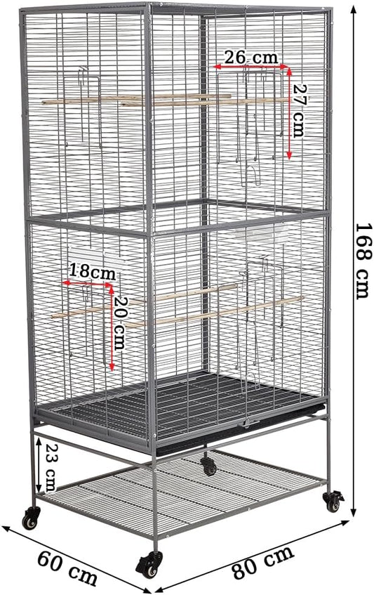 Large bird cage, Durable design and Steel wire, Removable tray and Multiple access doors, Wood perches and Food bowls, Small and medium birds, Universal wheels with brakes 168 cm (Grey)