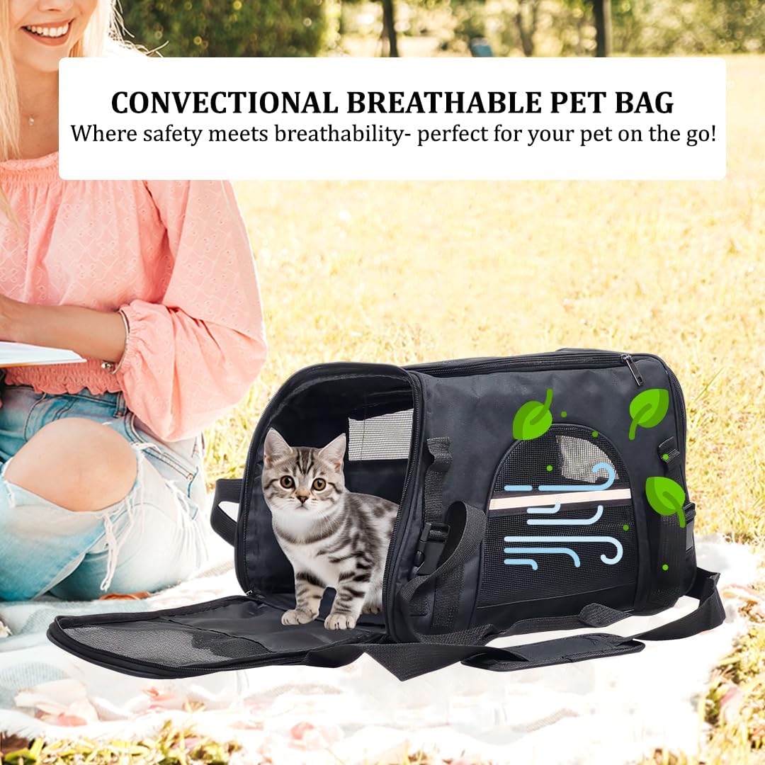 Pet carrier bag for Cats & Small dogs, Four-sided breathable cat bag with Adjustable shoulder strap, Zipper closure, Side pocket, and Durable polyester material, Ideal for Outdoor travel 45 cm (Black)