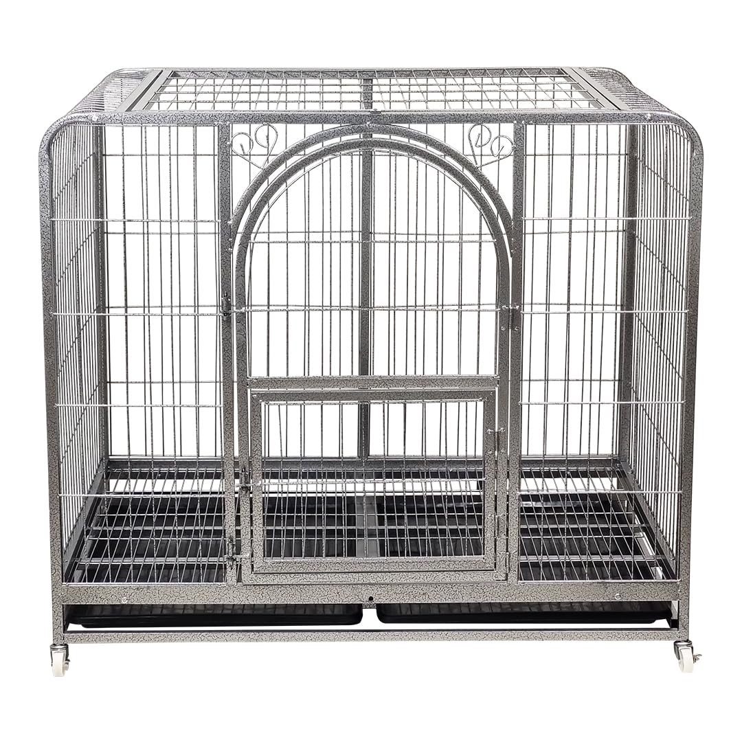 Metal dog cage for medium to large breeds, Heavy-duty dog crate cage with Open-top design, Lockable door, Slide-out tray, and Universal wheels, Ideal for indoor/outdoor use, 125 cm (Silver)