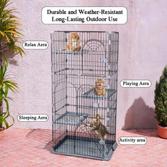 NNC PETS 3-Tier Large Cat Cage Playpen Kennel - 162cm Metal Wire Cat Crate House with 3-lockable Doors, Wide Platforms, Climbing Ladder & Leak-Proof Base - Easy to Assemble (Dark Grey, Large)
