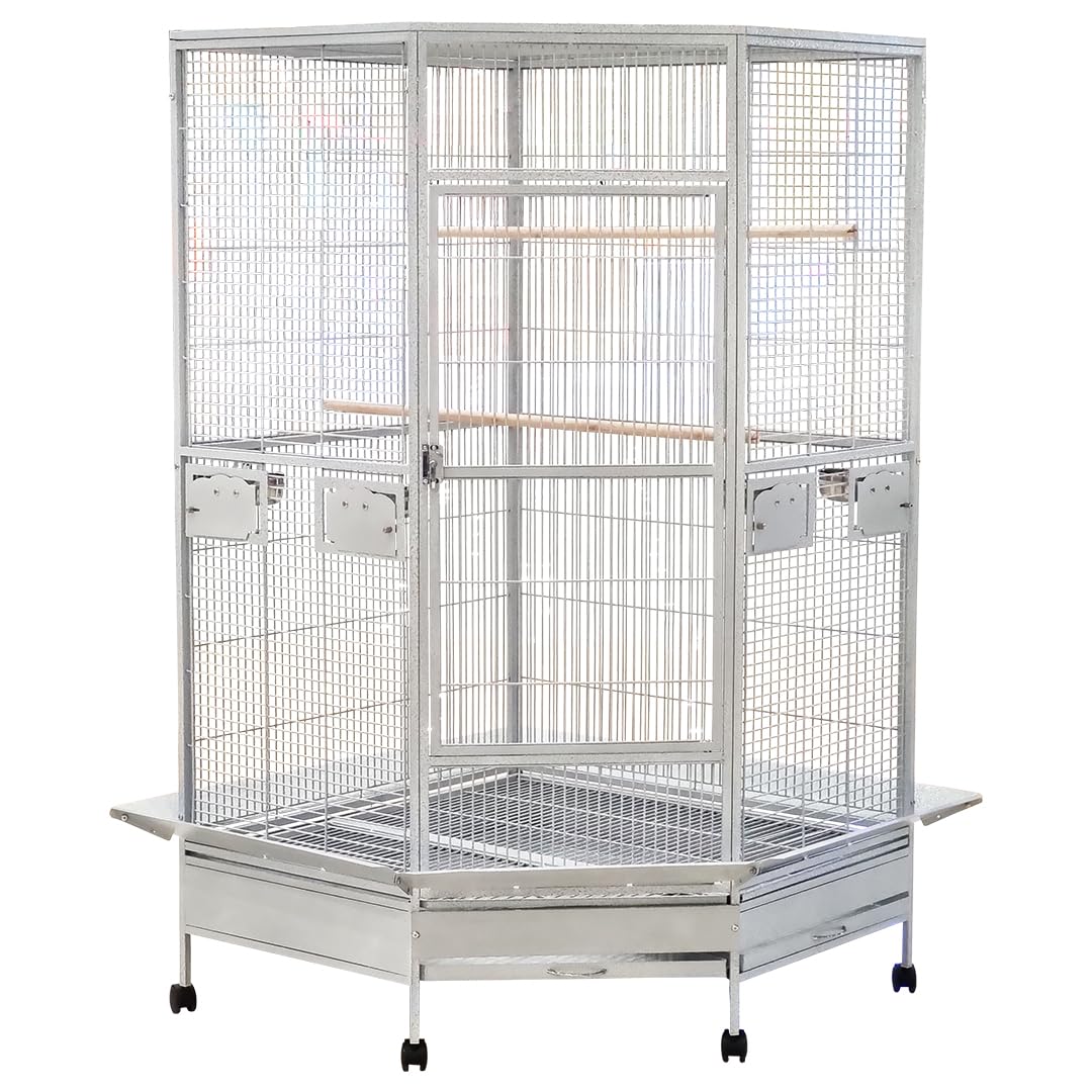 Extra large corner bird cage with Wooden perches, Stainless steel food bowls, Slide-out tray, and Universal wheels, Heavy-duty metal bird cage for Parrots, Parakeets, and Macaws, 184 cm (Grey)