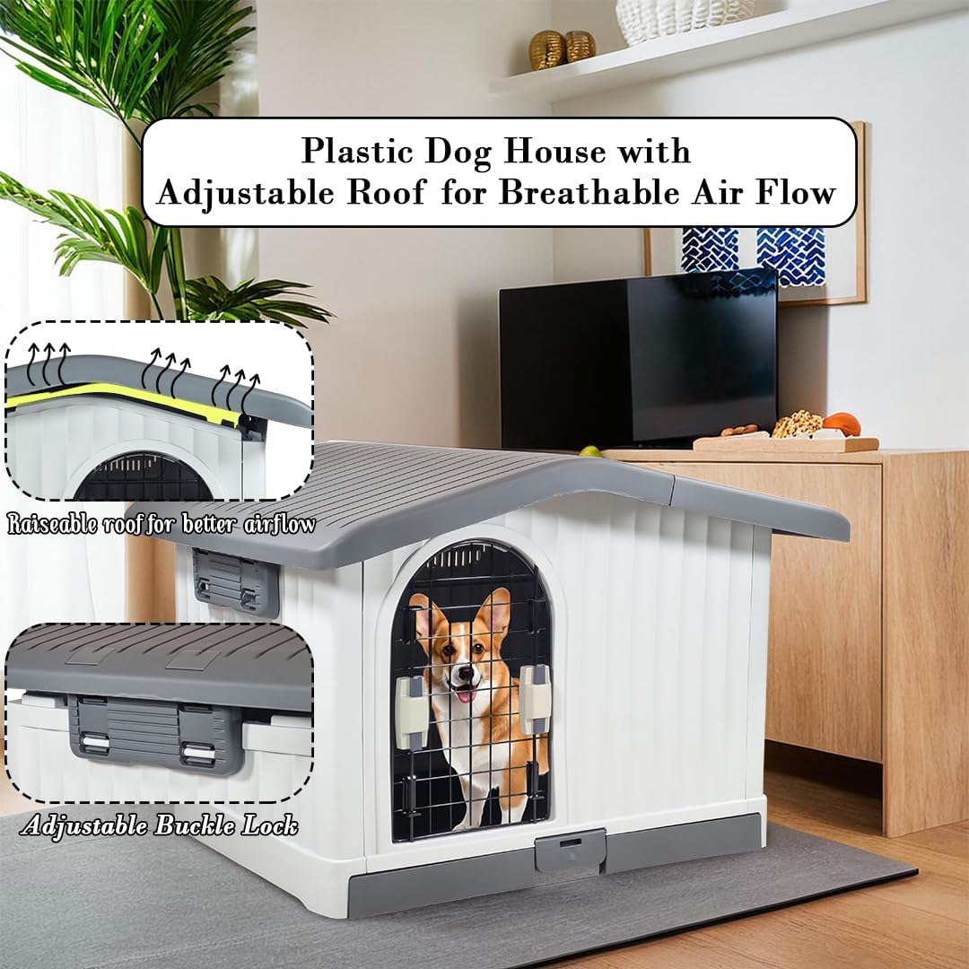 Plastic dog house for small to medium-sized Dogs, Durable PP Material dog house with Liftable Roof, Air vents, and Removable tray, Easy clean & Quick assembly for Indoor & Outdoor 88 cm