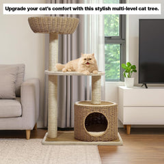 2-Tier Cat tree tower with Handwoven seagrass basket perch, Cozy Condo, and Sisal Scratching Posts, Modern Cat Furniture for Indoor Cats & Kittens, Multi-Level Activity Center