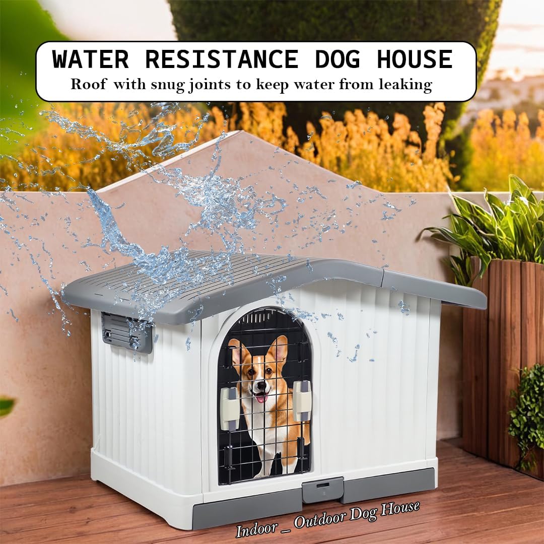 Plastic dog house for small to medium-sized Dogs, Durable PP Material dog house with Liftable Roof, Air vents, and Removable tray, Easy clean & Quick assembly for Indoor & Outdoor 88 cm
