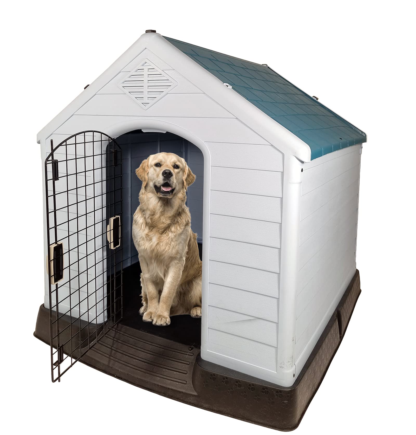 Dog House Outdoor | Plastic Durable Weatherproof Designed Dog Home for Medium to Large Dogs | All-Season Shelter with Air Vents, Lockable Door & Elevated Floor, Easy To Assemble (Blue,100cm)