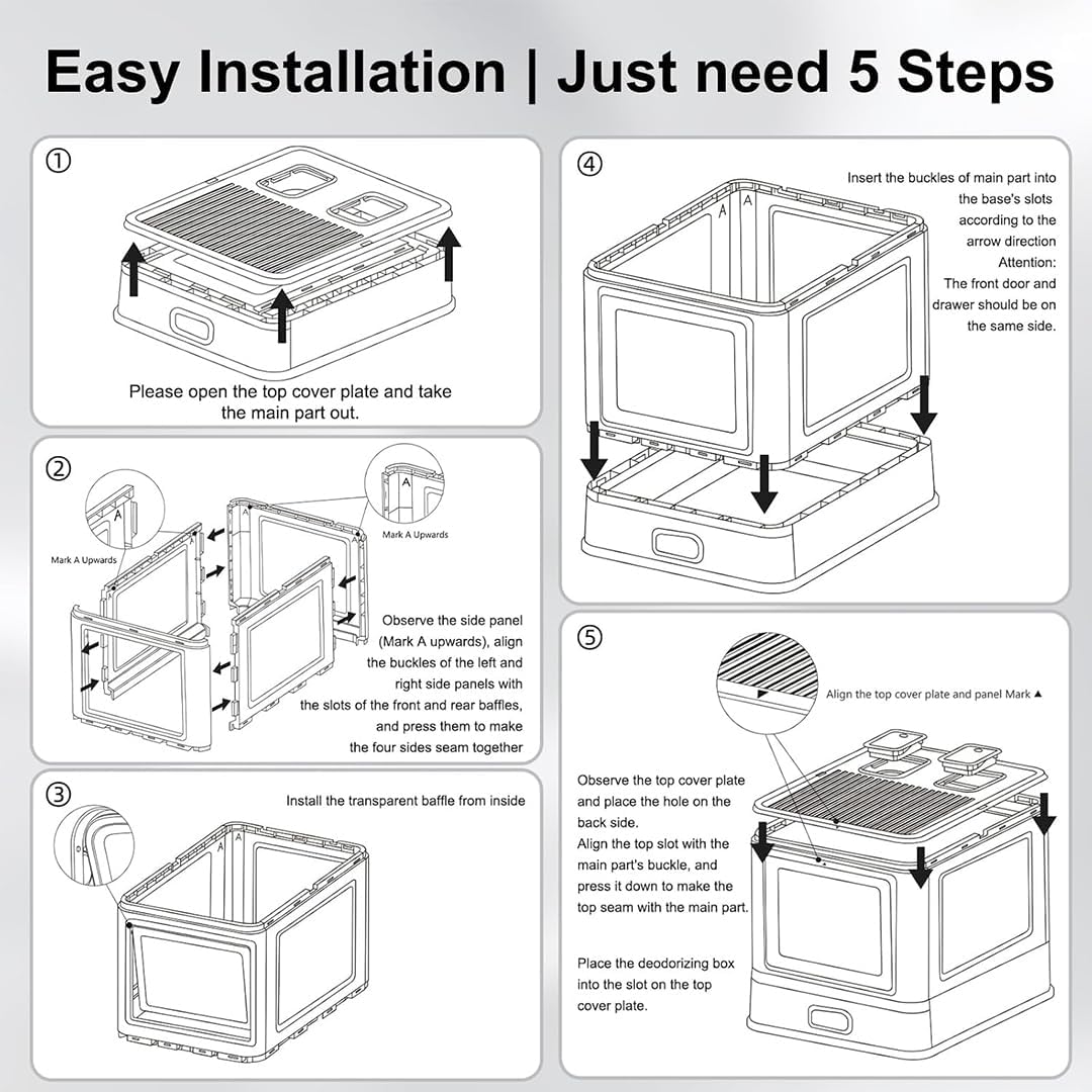 Enclosed stainless steel cat litter box with Lid, Drawer design, Litter scoop, Durable PS material, and Odor control filter, Ideal for Small to Large cats, Easy to clean, 50 cm