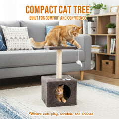 Modern cat tower with Hideaway cave and Hanging ball, Space saving design, Easy to fix and Portable, 59 cm Cat activity tree with Scratching pole, Protect furniture for Indoor cats and kittens