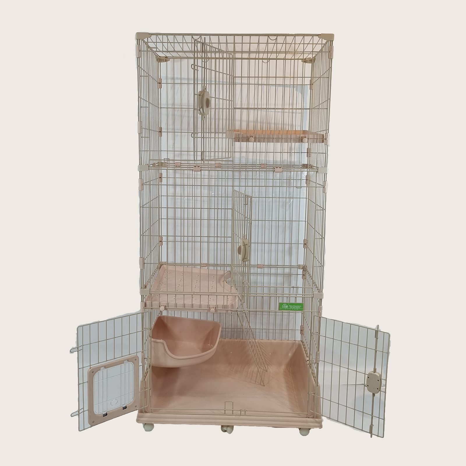 Large cat cage for Multi-cat household, 2-tier spacious cat cage with Multiple lockable doors, Climbing ladder, Food container, and Universal wheels, Ideal for Indoor/outdoor 178 cm (Pink)
