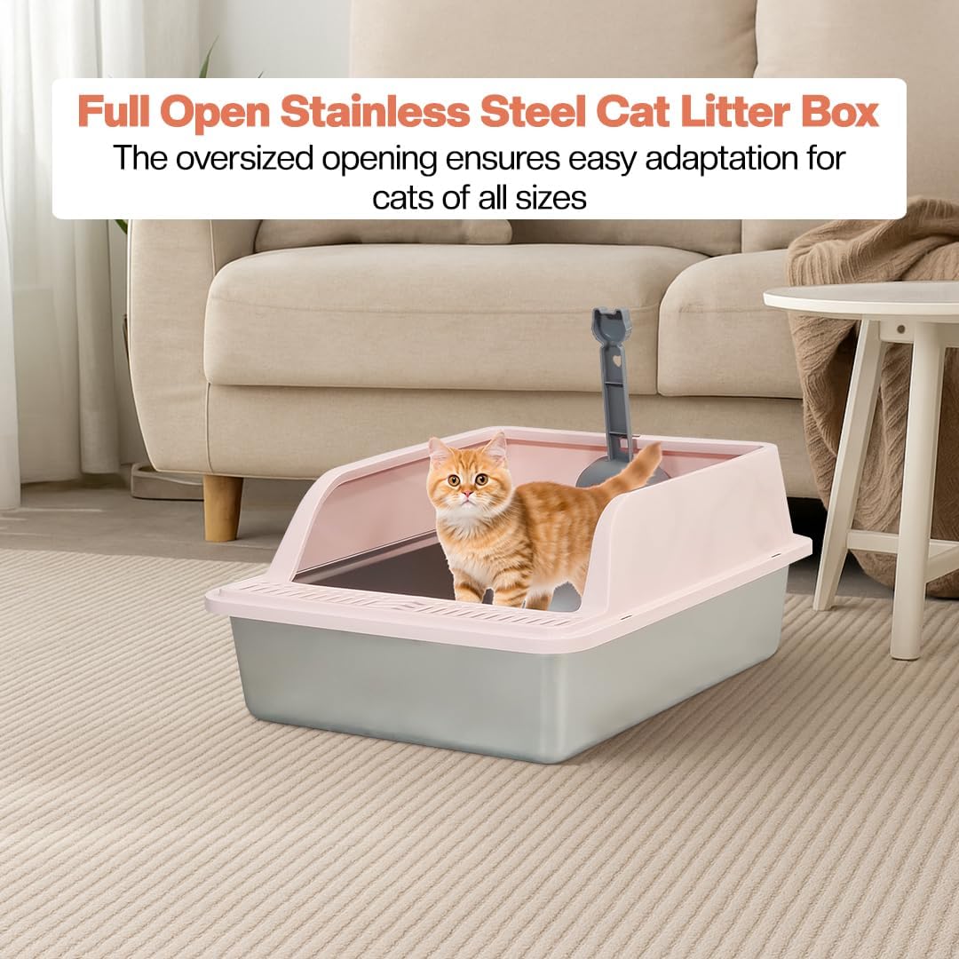 Semi-enclosed stainless steel cat litter box with a Litter scoop, Grid design, and High wall side cover, Durable litter box for Indoor cats, Detachable design for easy cleaning, 50 cm