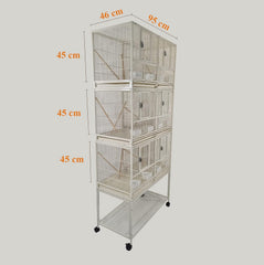 Bird cage for bird breeding, Durable bird cage with 3-layer design, Wooden perches, Plastic food cups, Removable tray, Bottom shelf, and Universal wheels, Easy to assemble 210 cm (White)