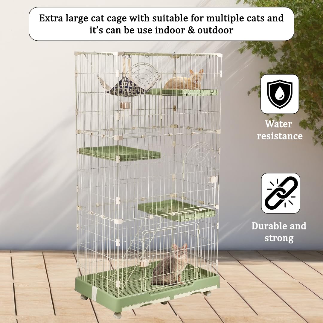 Large cat cage with 3 lockable doors, Hammock, Wide platforms, Climbing ladder, Removable tray, and Universal wheels, Durable metal wire cat cage for indoor & outdoor, Easy assembly 190 cm (Green)