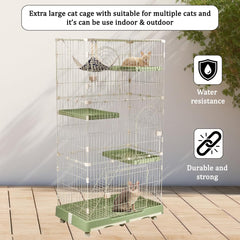 Large cat cage with 3 lockable doors, Hammock, Wide platforms, Climbing ladder, Removable tray, and Universal wheels, Durable metal wire cat cage for indoor & outdoor, Easy assembly 190 cm (Green)