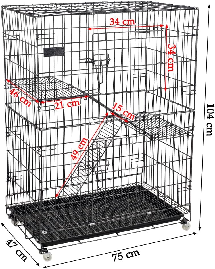 Cat Cage - Pet House & Villa with 2-lockable Doors, Climbing ladders, Removable tra and Universal wheels, Durable 2-tier 104 cm Metal Cat House for Multi-cat Households, Easy to assemble (Black)
