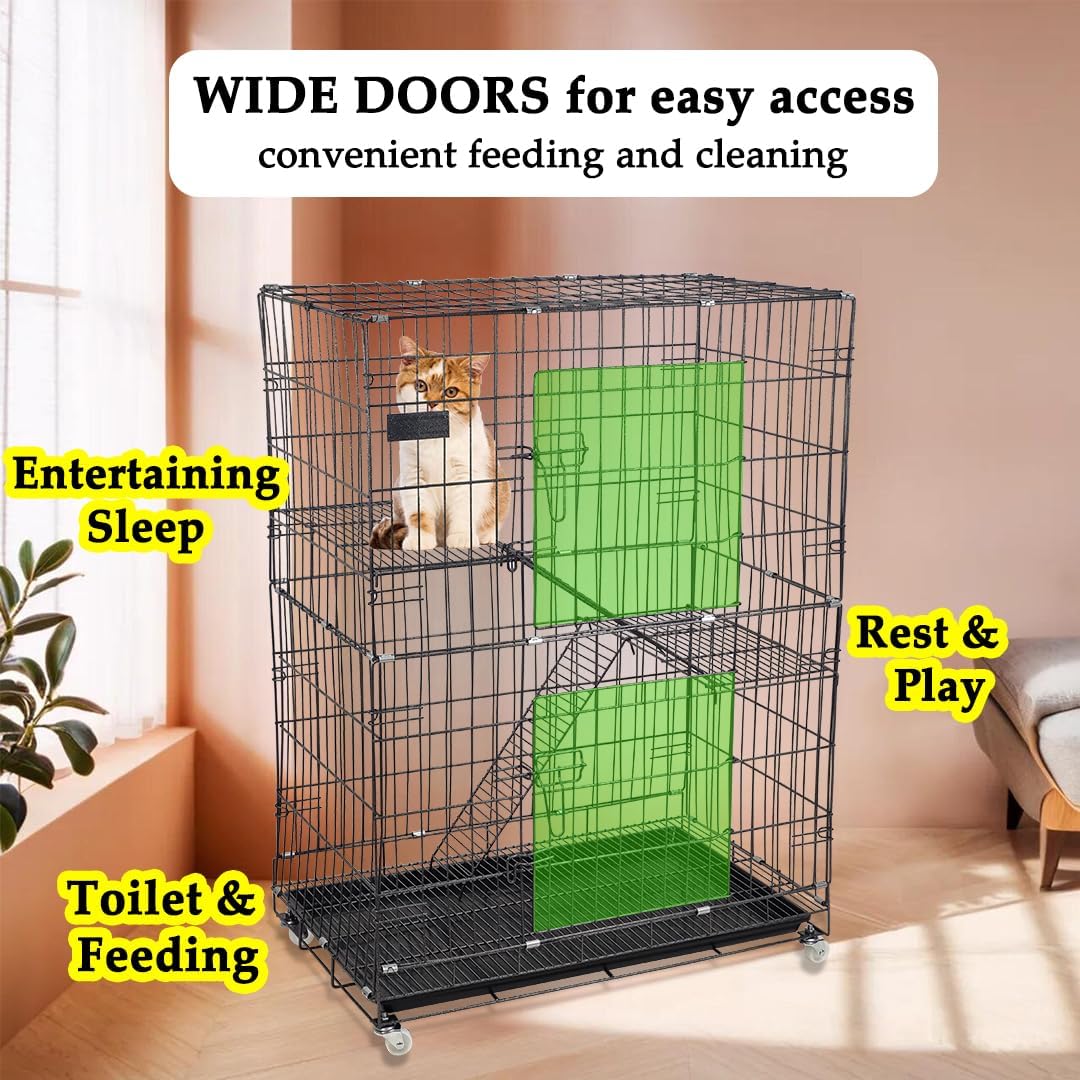 Cat Cage - Pet House & Villa with 2-lockable Doors, Climbing ladders, Removable tra and Universal wheels, Durable 2-tier 104 cm Metal Cat House for Multi-cat Households, Easy to assemble (Black)