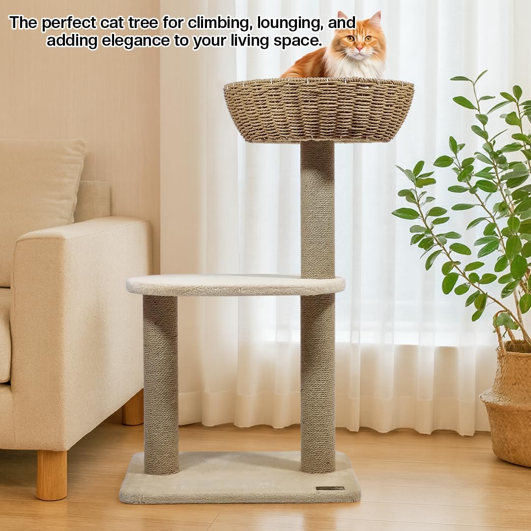 2-Tier Cat tree tower with Handwoven seagrass basket perch, Cozy Condo, and Sisal Scratching Posts, Modern Cat Furniture for Indoor Cats & Kittens, Multi-Level Activity Center