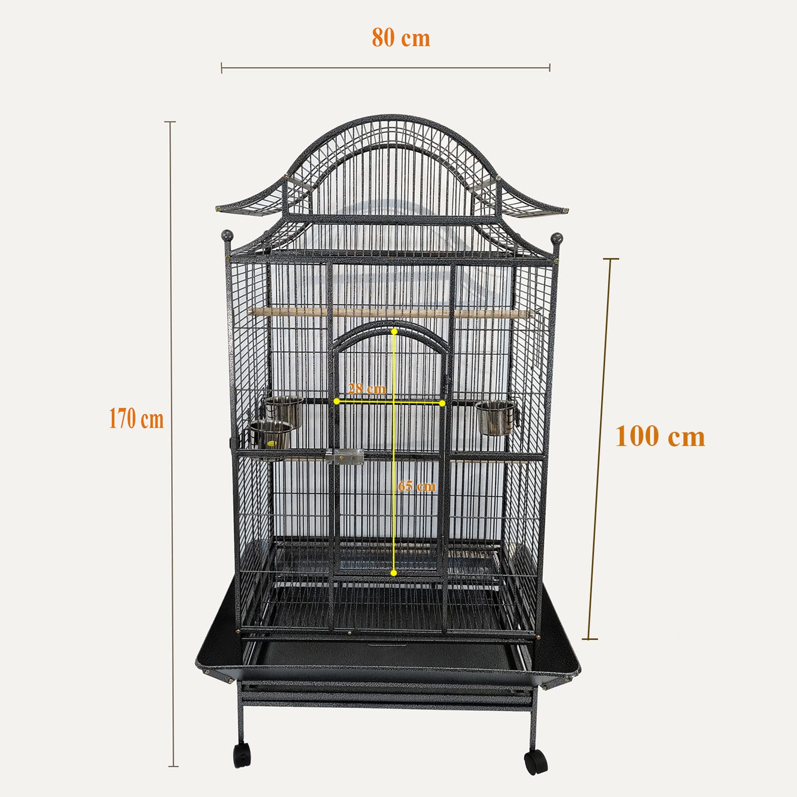 Large Bird Cage for Parrots, Macaws & Other Birds - 180cm Durable Metal Cage with Wooden Perches, Feeding Bowls, Removable Tray & Universal Wheels - Ideal for Indoor & Outdoor (Pitch Black, Large)