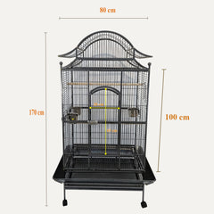 Large Bird Cage for Parrots, Macaws & Other Birds - 180cm Durable Metal Cage with Wooden Perches, Feeding Bowls, Removable Tray & Universal Wheels - Ideal for Indoor & Outdoor (Pitch Black, Large)