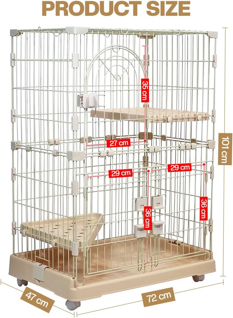 Cat Cage with Rolling Casters, Elevated Lounging Platforms, Secure Locking Doors, and Leak-Proof Base, Heavy-Duty Metal Cat Enclosure for Indoor Cats & Kittens, Easy to Assemble, 101 cm