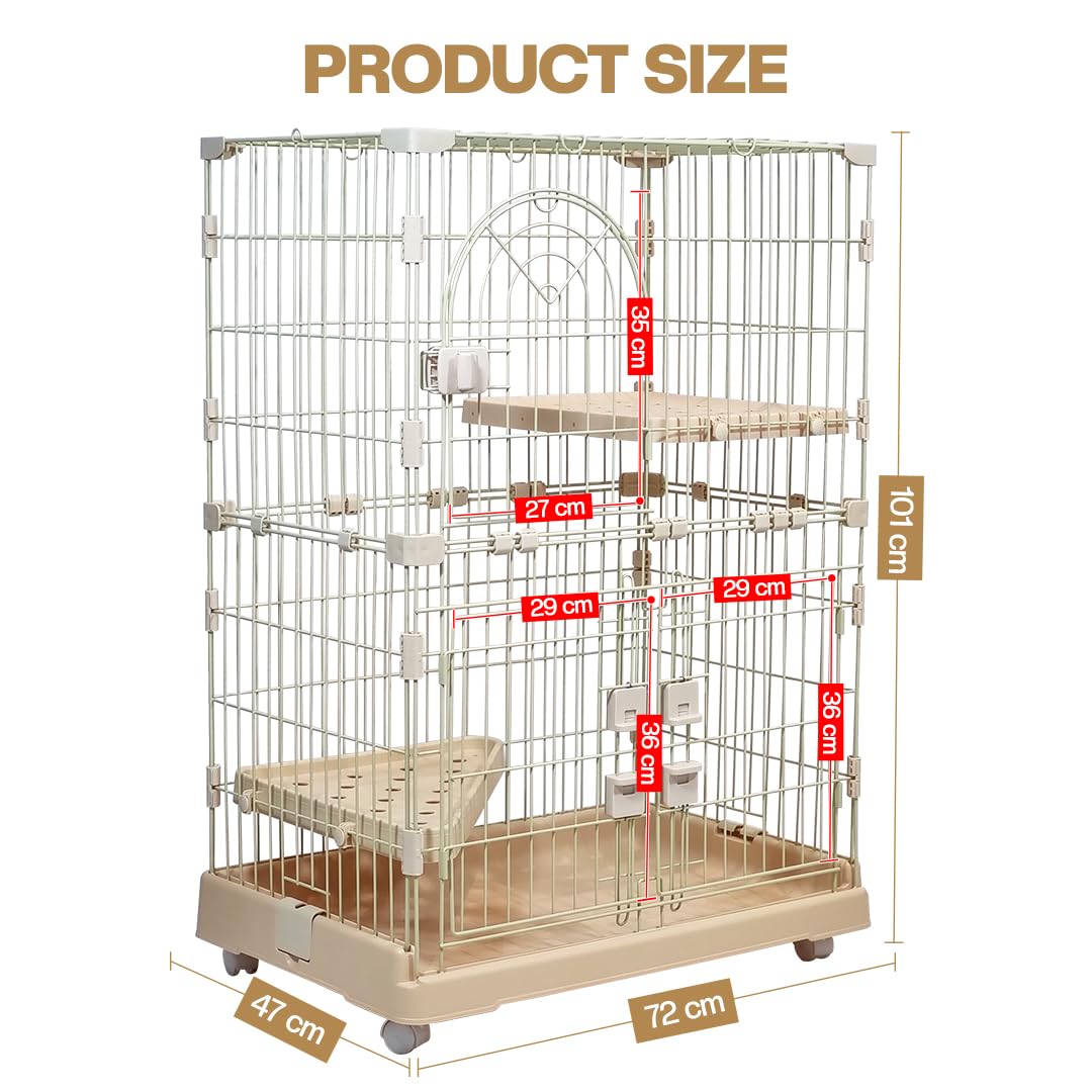 Cat Cage with Rolling Casters, Elevated Lounging Platforms, Secure Locking Doors, and Leak-Proof Base, Heavy-Duty Metal Cat Enclosure for Indoor Cats & Kittens, Easy to Assemble, 101 cm, Beige