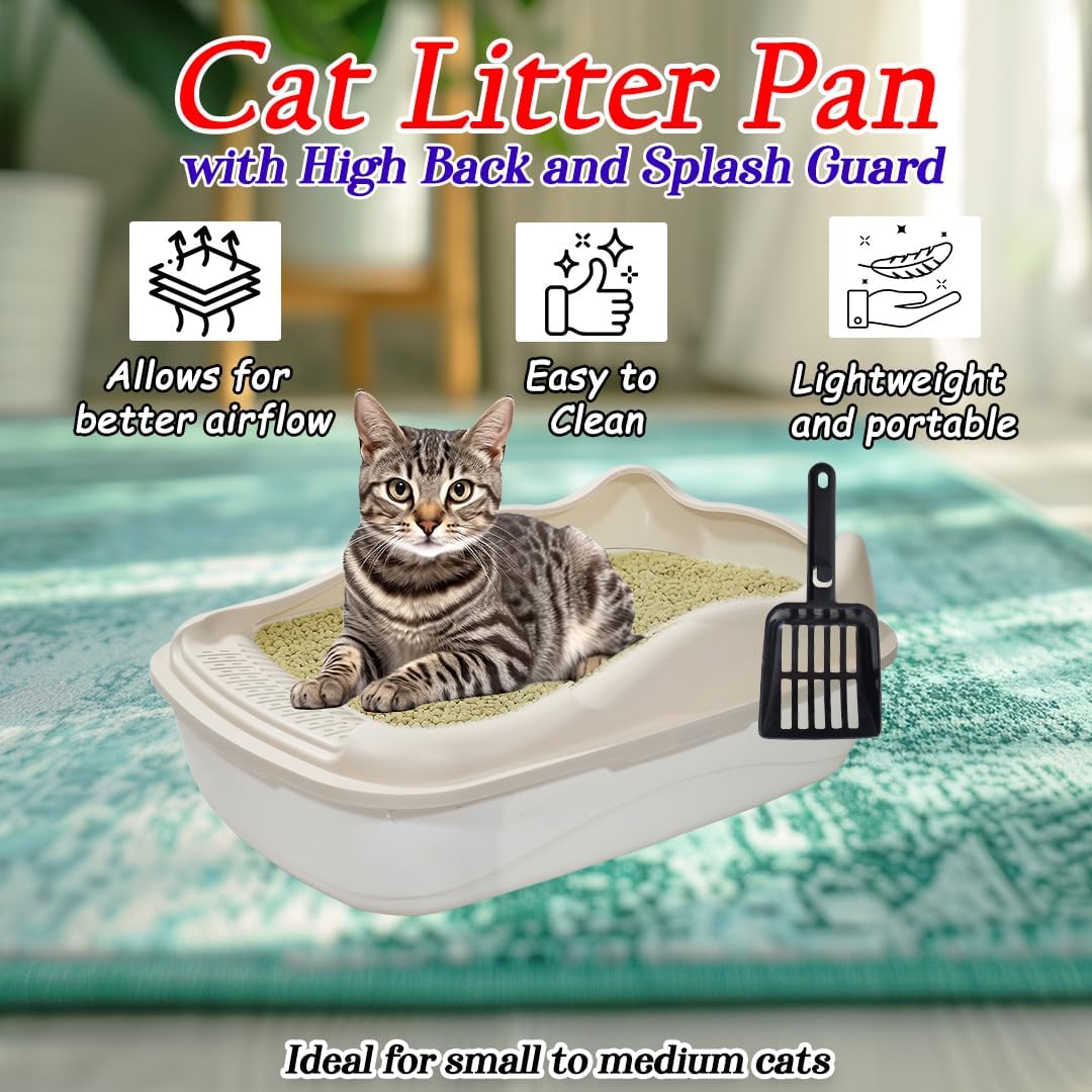 Anti-splash cat litter box with Enclosed design, Easy to clean, Durable plastic material and Removable, Cat Litter Pan with Scoop, Portable, Large size, High fence, and All size cats