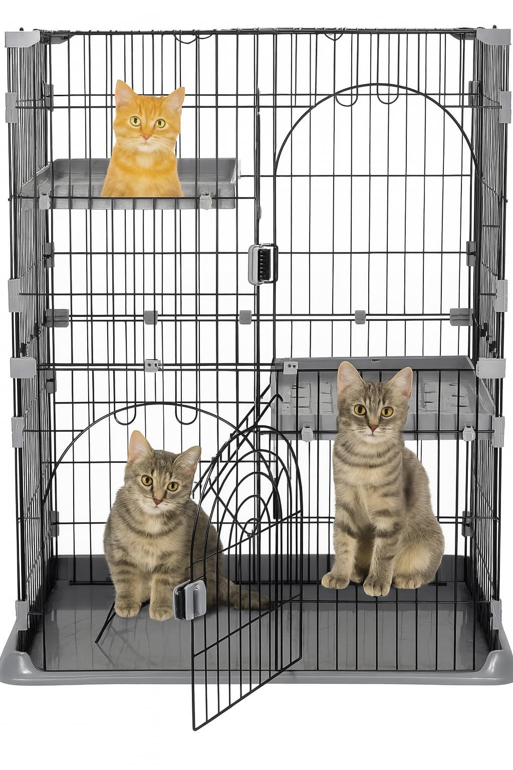 NNC PETS Cat Cage Kennel with 2-lockable Doors - 2-Tiier Metal Wire Pet Cat House Playpen for Indoor Cats - Cozy Hammock, Climbing Ladder, Drawer Tray & Universal Wheels, Easy Assembly (Grey, 108 cm)