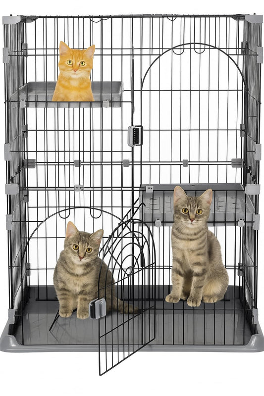 NNC PETS Cat Cage Kennel with 2-lockable Doors - 2-Tiier Metal Wire Pet Cat House Playpen for Indoor Cats - Cozy Hammock, Climbing Ladder, Drawer Tray & Universal Wheels, Easy Assembly (Grey, 108 cm)