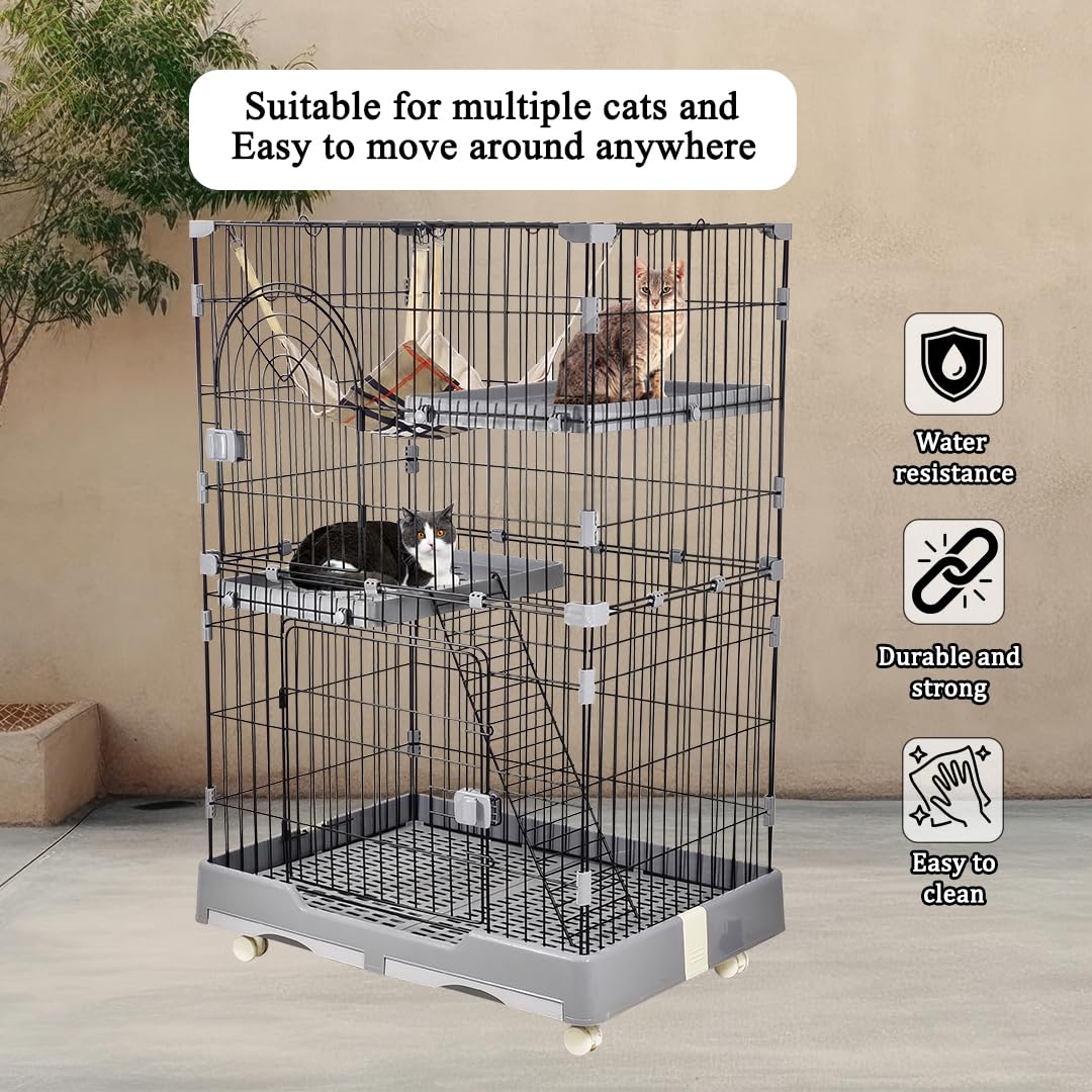 Cat cage playpen for Multi-cat households, 2-layer metal wire cat cage with Durable hammock, climbing ladder, Slide-out tray, and Universal wheels, Suitable for indoor/outdoor 121 cm (Grey)
