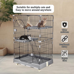 Cat cage playpen for Multi-cat households, 2-layer metal wire cat cage with Durable hammock, climbing ladder, Slide-out tray, and Universal wheels, Suitable for indoor/outdoor 121 cm (Grey)