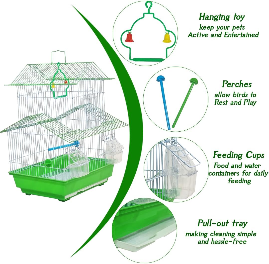 Small bird cage with Carry Handle, Perches, Hanging Toy, Pull-out tray and Feeding Cups, 49 cm Travel cage for Small birds, Indoor-Outdoor use, Easy to clean (Green)
