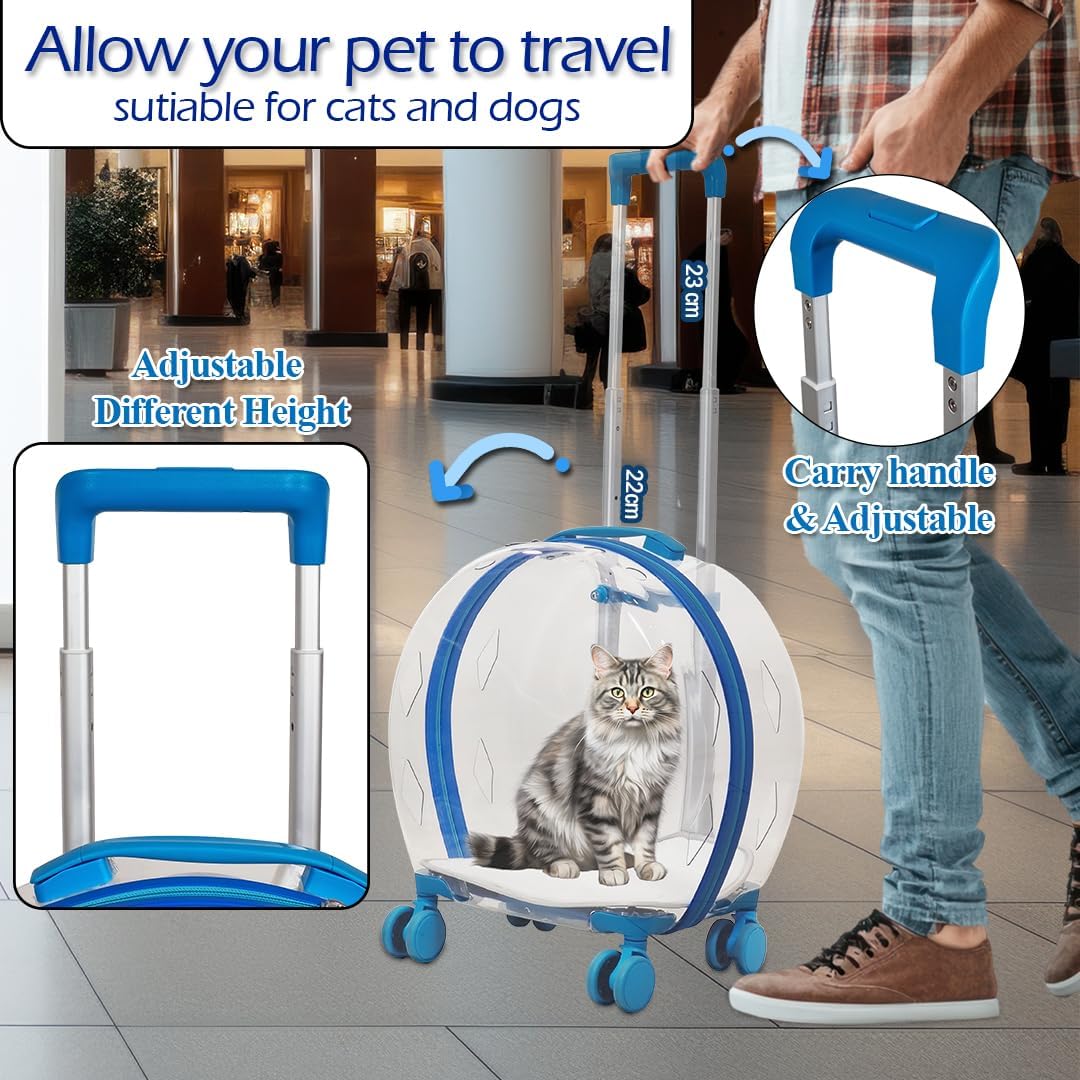 Transparent pet carrier for cats and dogs, Pet stroller with Telescopic handle, Durable zipper, Ventilation holes, and Rolling wheels, Suitable for outdoor activities, 93 cm