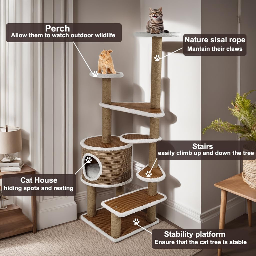 Multi-level cat tree with Double perches, Sisal scratching post, Multiple platforms, and Durable cat condo, Cat climbing tower activity center for indoor cats, Easy to assemble 144 cm (Chocolate)