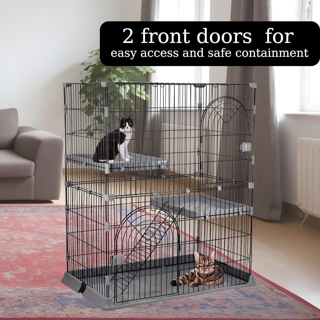 Cat cage with Durable metal wire, Wide plastic perch, Lockable door, and Climbing ladder, double-layer cat cage enclosure for Cats & Kittens, Suitable for indoor/outdoor use 117 cm (Grey)