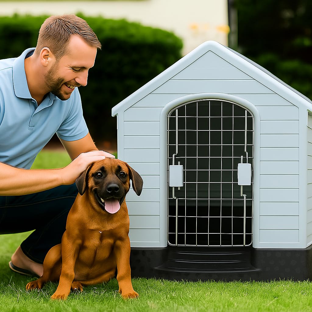 Dog House Outdoor & Indoor Use | Plastic Durable Waterproof & Weatherproof Designed Dog Home | All-Season Shelter with Air Vents, Lockable Door & Elevated Floor, Easy To Assemble (Grey, 70cm)