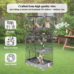 NNC PETS Large Cat Cage Indoor - 3-Tier Metal Wire Cat Crate Kennel with 3 Lockable Doors - Cozy Hammock & Climbing Ladder - Drawer Tray & Universal Wheels, Easy Assembly, 145 cm(Grey, Large)