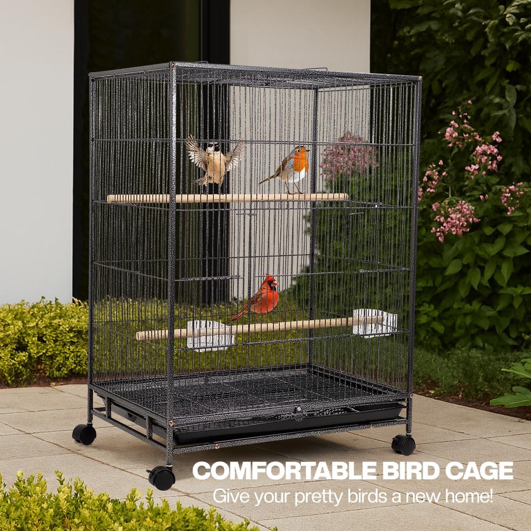 Bird cage for Small to Medium birds, Wrought iron bird cage with Open-top design, Feeding cups, Wooden Perches, Slide-out tray, and Universal wheels, Ideal for Indoor/Outdoor use, 85 cm (Black)