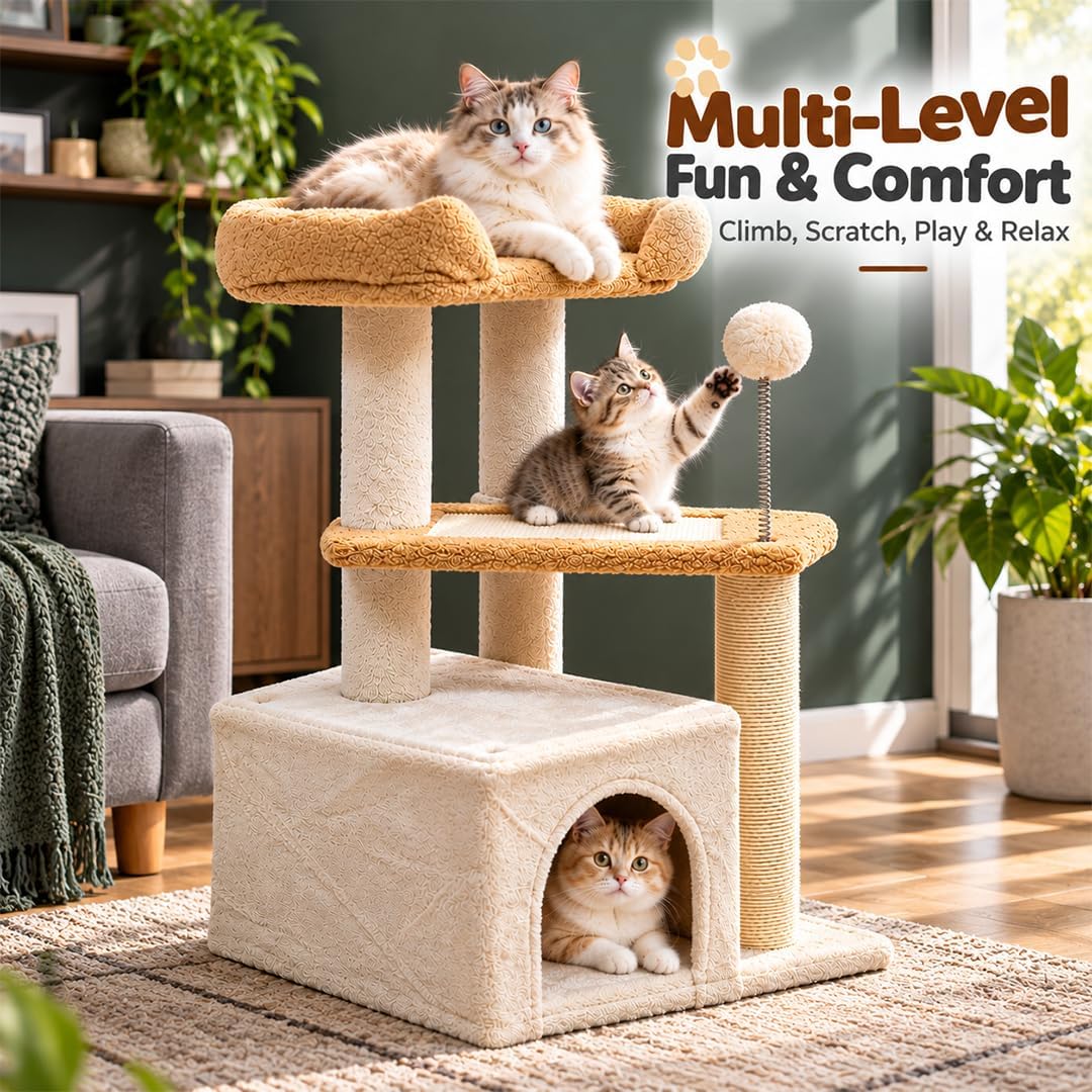 Cat Tree Tower for Indoor Cats, 70 cm Multi-Level Cat Activity Center with Plush Perches, Cozy Hideaway, Sisal Scratching Post and Spring Ball Toy, (Beige)
