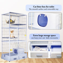 NNC PETS Large Cat Cage for Indoor & Outdoor Use, 3-Tier Metal Wire Cage with 2 Lockable Doors, Climbing Ladder, Litter Box Area & Wheels, Ideal Multi-Cat Households, Easy Assembly 184 cm (Blue)