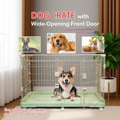 Cat Cage with Universal Wheels, Wide Main Door, Durable and Sturdy Metal Wire, 98 cm Dog Cage with Secure Lock, Easy to Assemble, Indoor-Outdoor Cat Kennel, Ideal for All Size of Pets, Green