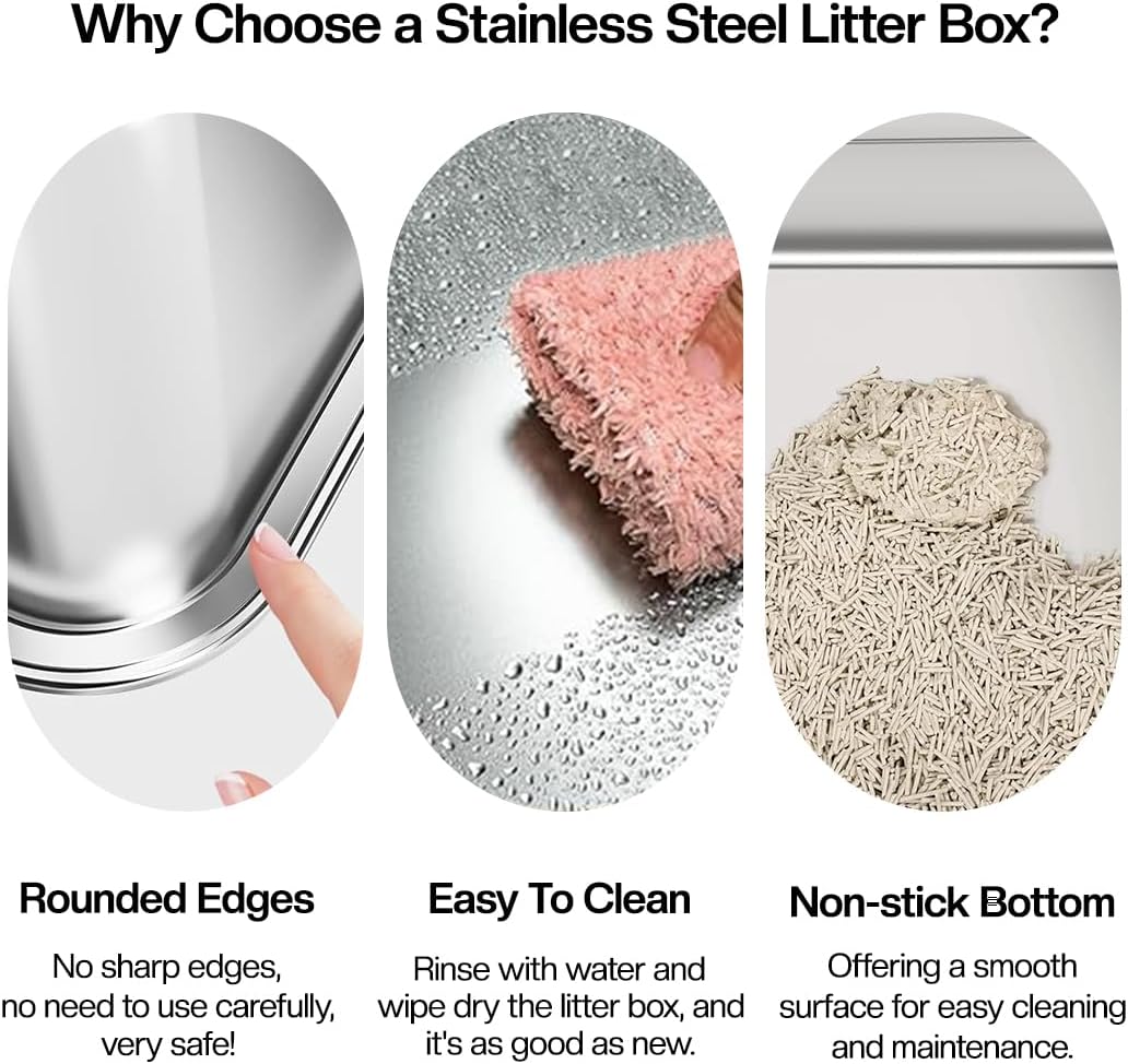 Stainless steel cat litter box with Scoop, Anti-splash design, Grid design, Non-stick, and Odor resistant, Open top kitty toilet for Indoor cats & kittens, Easy to clean