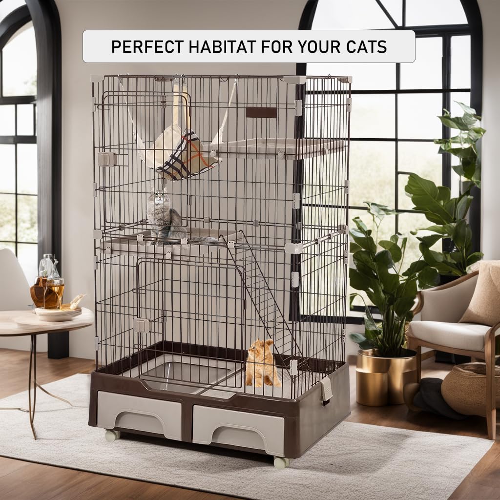Cat cage playpen for Multi-cat household, 3-tier cat cage with Cozy hammock, Wide platform, Climbing ladder, Build-in litter box, and Universal wheels, Ideal for indoor/outdoor use 133 cm (Chocolate)