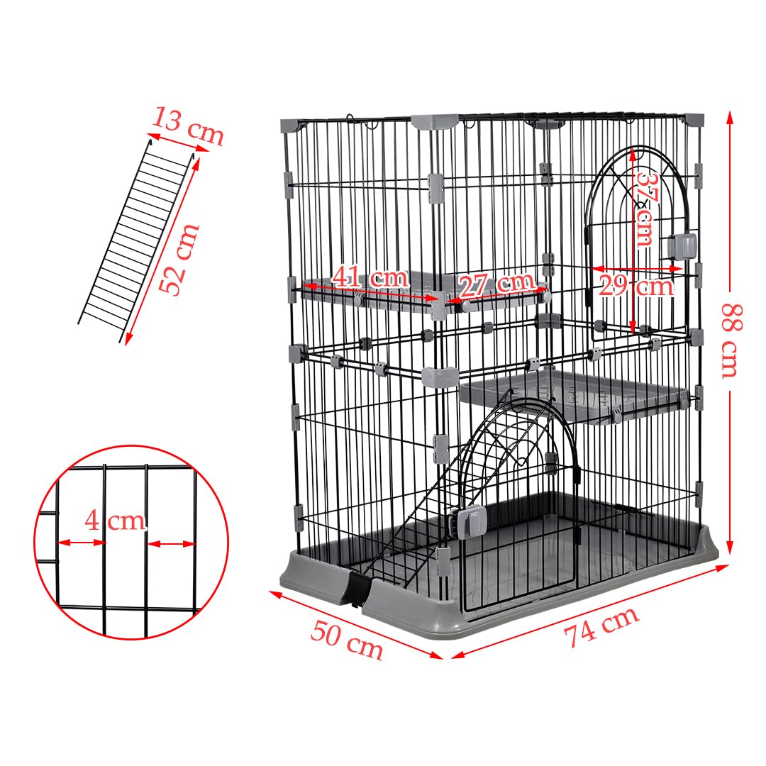 NNC PETS Cat Cage Kennel with 2-lockable Doors - 2-Tiier Metal Wire Pet Cat House Playpen for Indoor Cats - Cozy Hammock, Climbing Ladder, Drawer Tray & Universal Wheels, Easy Assembly (Grey, 88 cm)