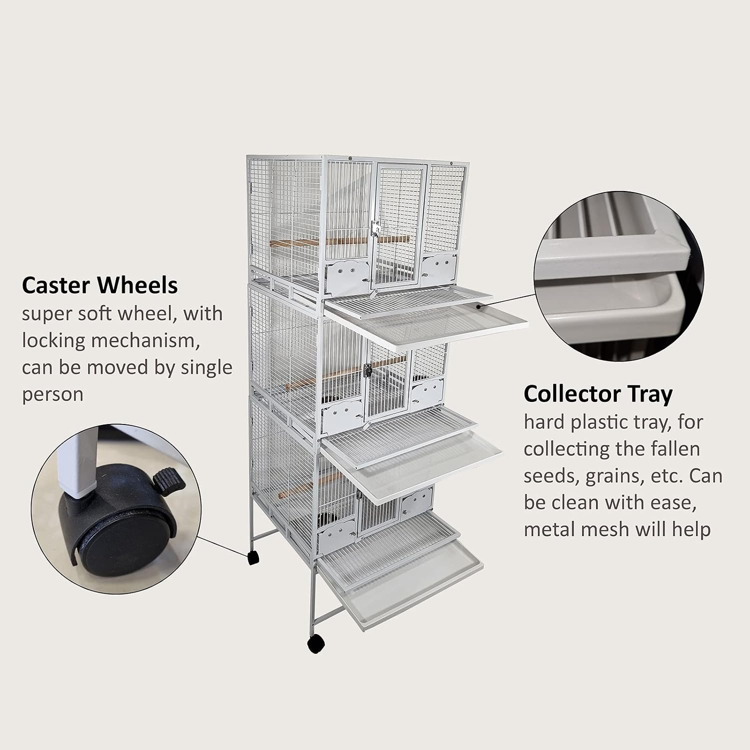 Bird cage, Multi-level bird cage with Wooden perches, Stainless steel food bowls, Removable tray, and Caster wheels, Spacious metal bird cage, Ideal for bird breedings 183 cm (White)