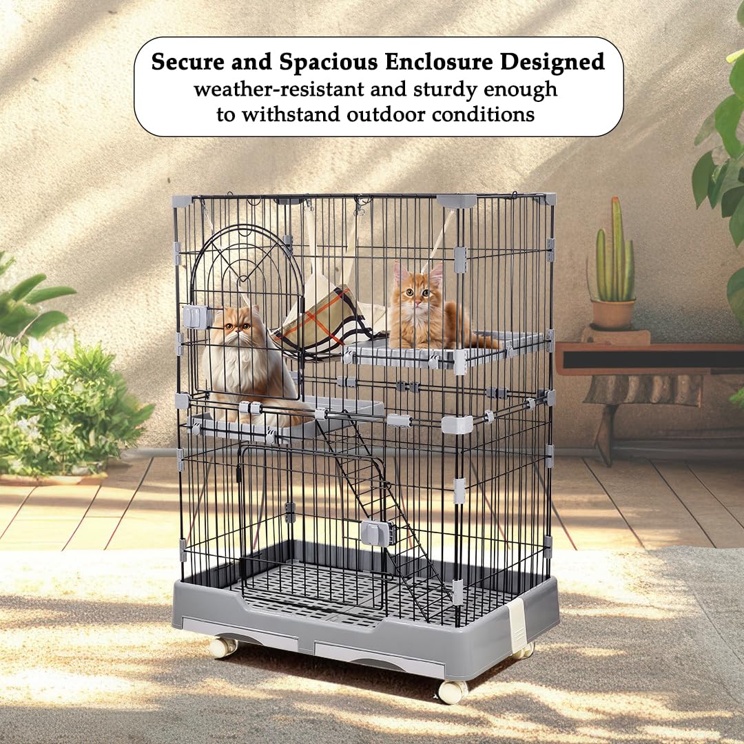 Cat Cage - Pet House for Indoor Cats & Kittens - 2 Lockable Doors, Climbing ladder, Removable Tray and Universal Wheels, 2-tier metal wire Cat Home - Easy Assembly 102 cm (Grey)
