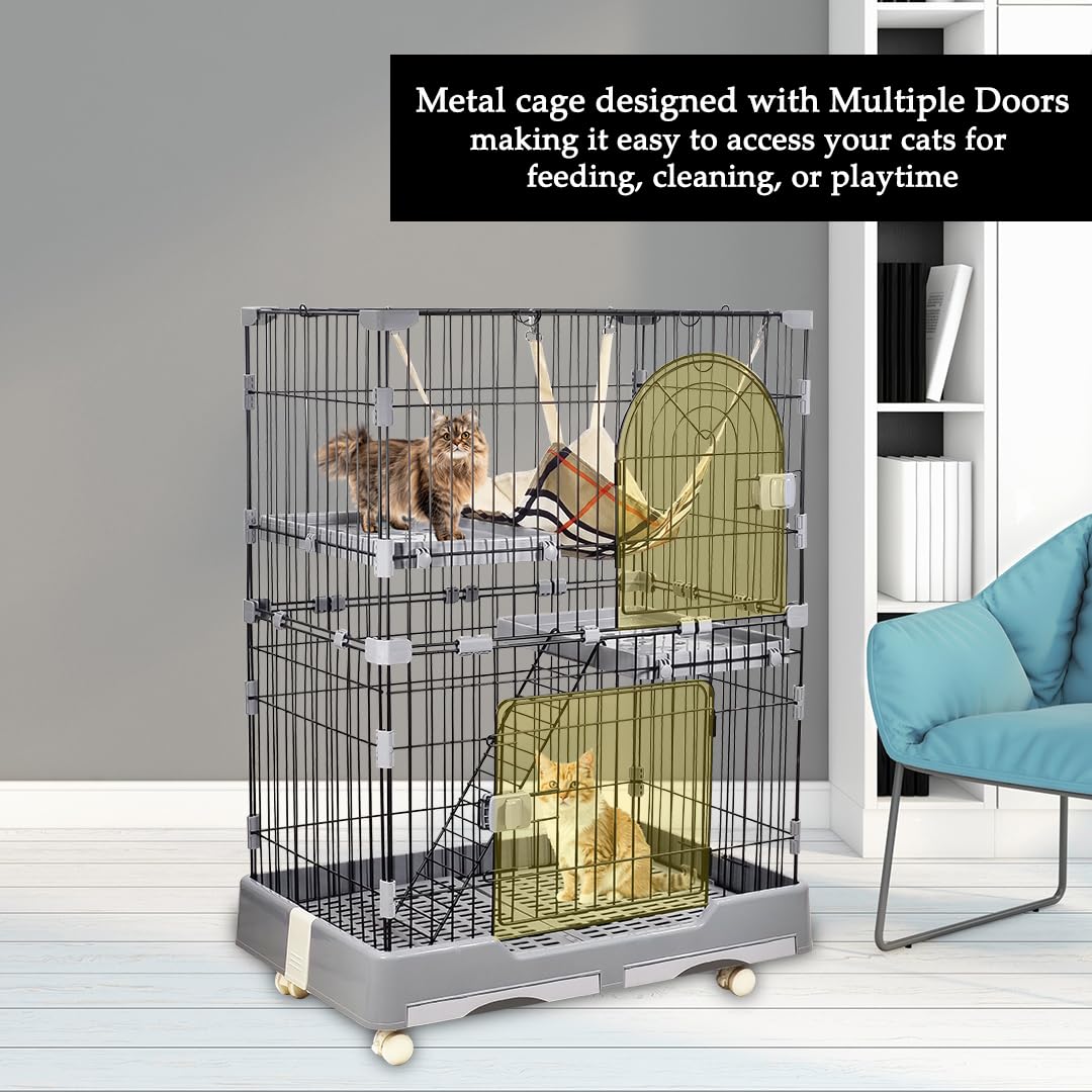 Cat Cage - Pet House for Indoor Cats & Kittens - 2 Lockable Doors, Climbing ladder, Removable Tray and Universal Wheels, 2-tier metal wire Cat Home - Easy Assembly 102 cm (Grey)