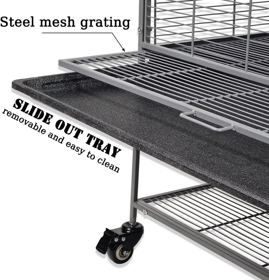 Bird cage for Medium to Large-sized birds, Durable house-roof design bird cage with Wooden perches, Feeding cups, Slide-out tray, Storage shelf, and Universal wheels 167 cm (Grey)