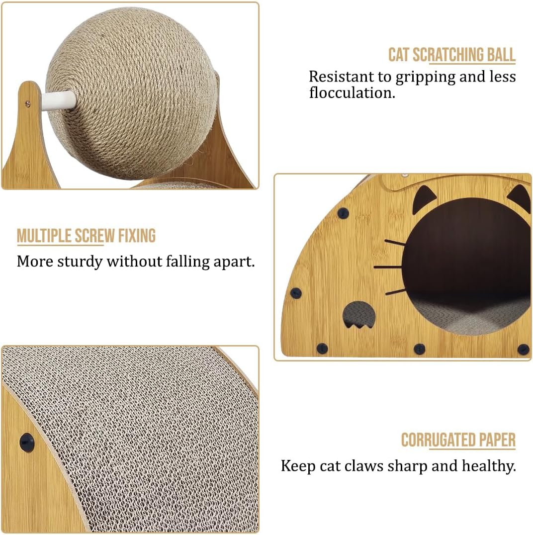 Wooden cat scratcher, Durable 2-in-1 cat scratcher & bed with Corrugated cardboard, Scratching ball, and Sturdy MDF Material, Suitable for Scratching, Playing, and Sleeping 50 cm (Brown)