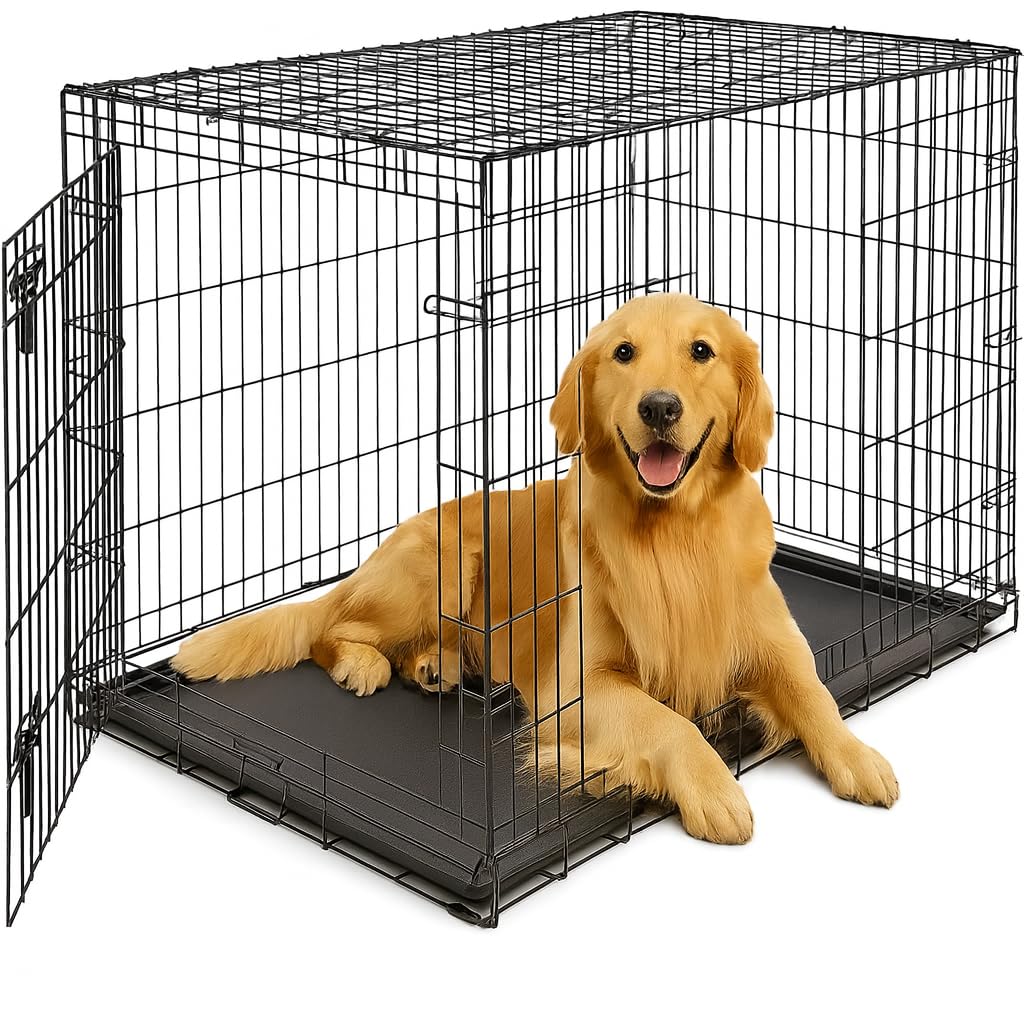 MAJIBAO Dog Crate - Metal Wire Dog Cage Indoor - Pet Dog Kennel for Medium to Large Dogs -  Lockable Foldable Metal Doors - Durable Wire Design & Removable Tray, Easy to Assemble (42 inch size)