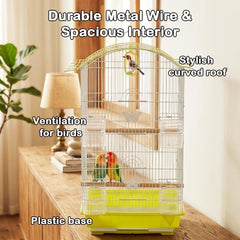 Small Bird Cage with Perches, Feeders and Swing, Ideal for Parakeets, Lovebirds, and Small Parrots, 62 cm Metal Cage with Hanging, Pull-out Tray, Portable, Durable and Top-Roof Design (Yellow)