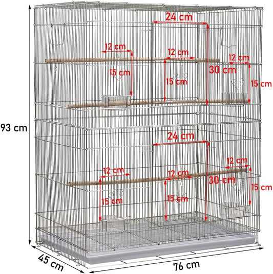 Multiple Compartment Small and Large Bird Cage Silver -93 cm | Removable Tray | Multiple Access Doors | Wooden Perches | Portable Handle |Suitable for Indoor and Outdoor Use