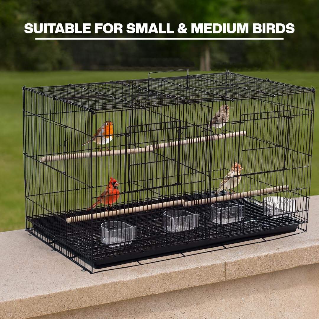 Bird cage with Divider, Wooden perch, Feeding cups, and Removable tray, Sturdy metal wire breeding bird cage for Small-sized birds, Suitable for Indoor/Outdoor use, 76 cm (Black)